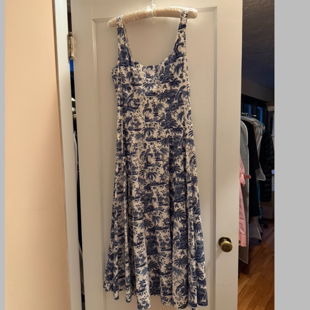 STAUD Blue and White Tropical Maxi Dress